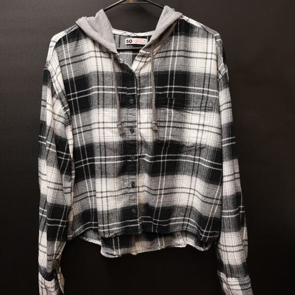 SO Cropped Shacket Hoodie Button Front Black White Check Tie Front - Picture 10 of 10
